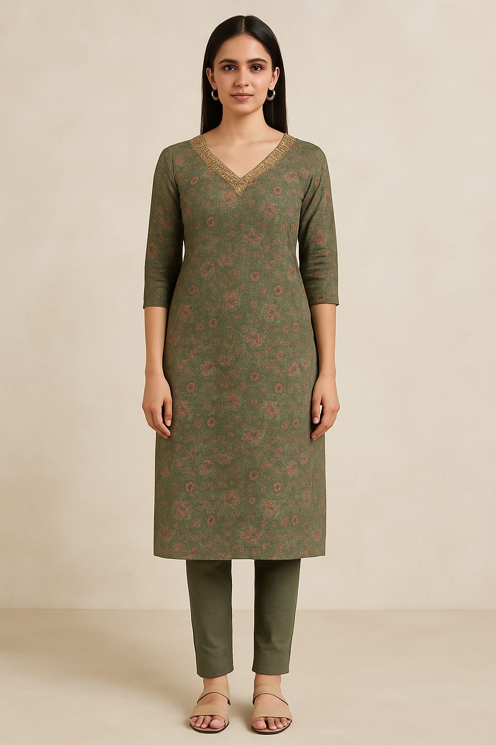 Olive Green Floral Kurti Set