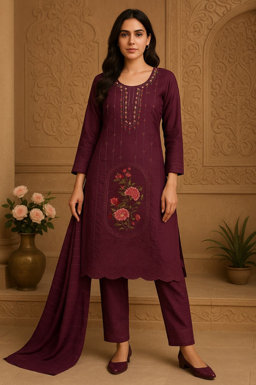 "Elegant Purple three piece suit with Floral Embroidery"