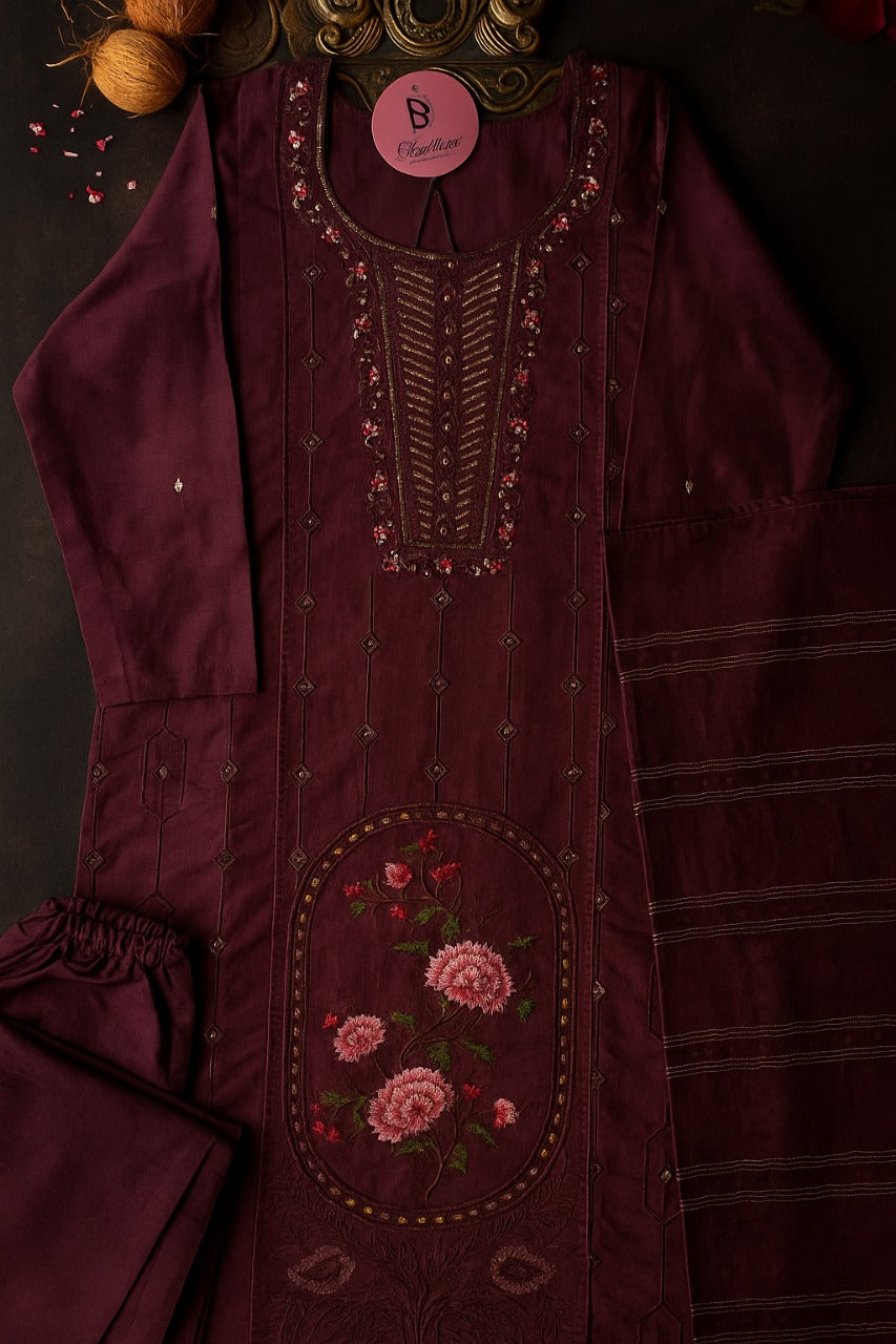 "Elegant Purple three piece suit with Floral Embroidery"