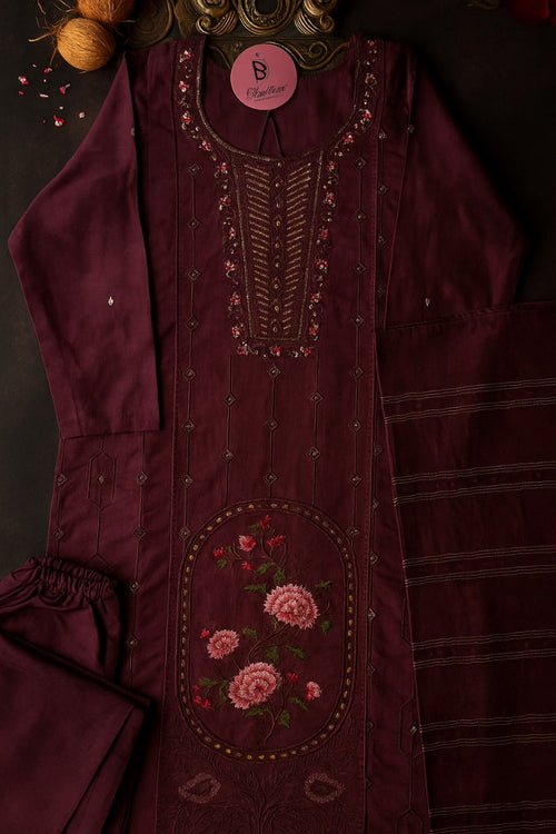 "Elegant Purple three piece suit with Floral Embroidery"