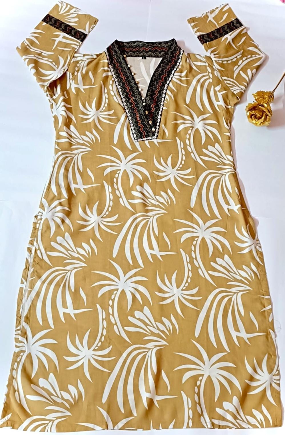 Yellow and Green Floral Printed Kurti - Perfect for Casual Wear
